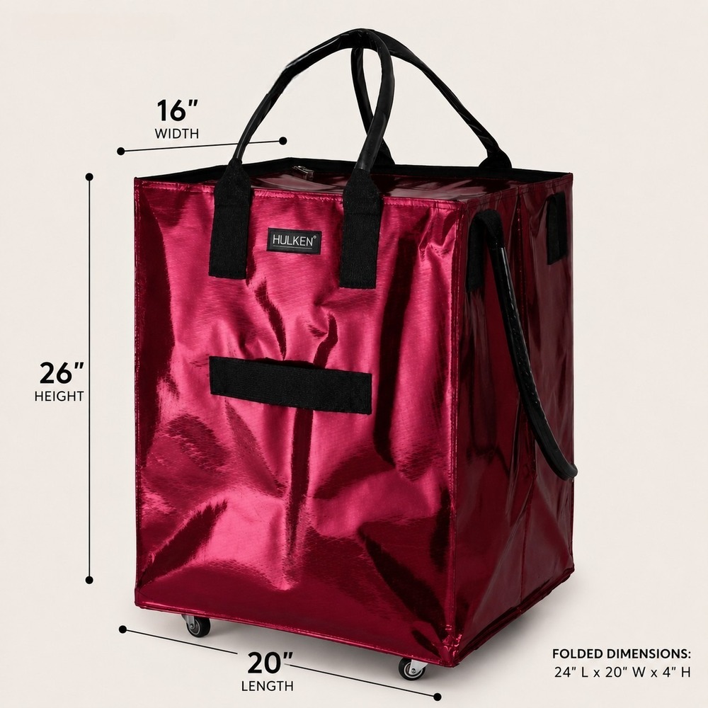 Hulken Large Rolling Tote Bag Cosmic Red Wheels Foldable Water Resistant Zip New - Picture 3 of 8